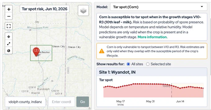 Tar spot risk data for June 10, 2026 for Randolph County, Indiana showing a high risk. 