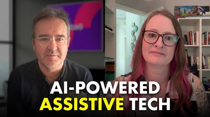 Antonio and a Julie appear on a video call, each in their own room. Text on the image reads “AI-powered assistive tech” with "assistive" highlighted in yellow.