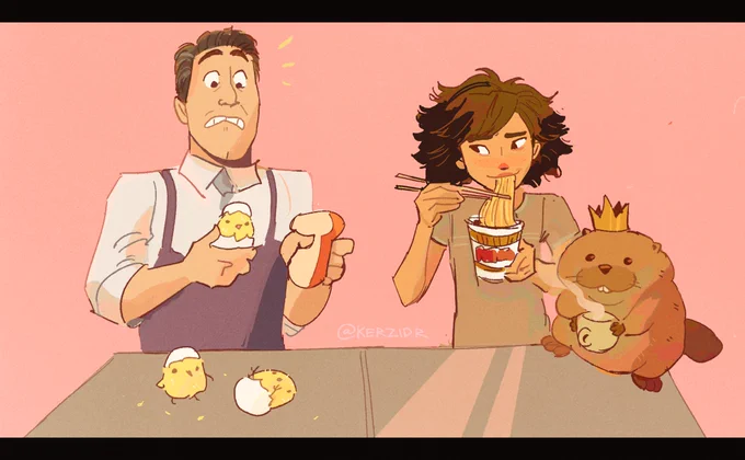 fanart of HOPPERS. Jerry and Mabel are eating together but Jerry is foiled repeatedly by his eggs hatching while he's trying to make an egg sandwich. Oh, and George is here too. Drinking coffee.