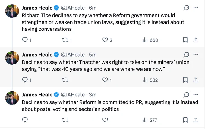 Richard tice declines to say whether a Reform government would strengthen or weaken trade union laws 