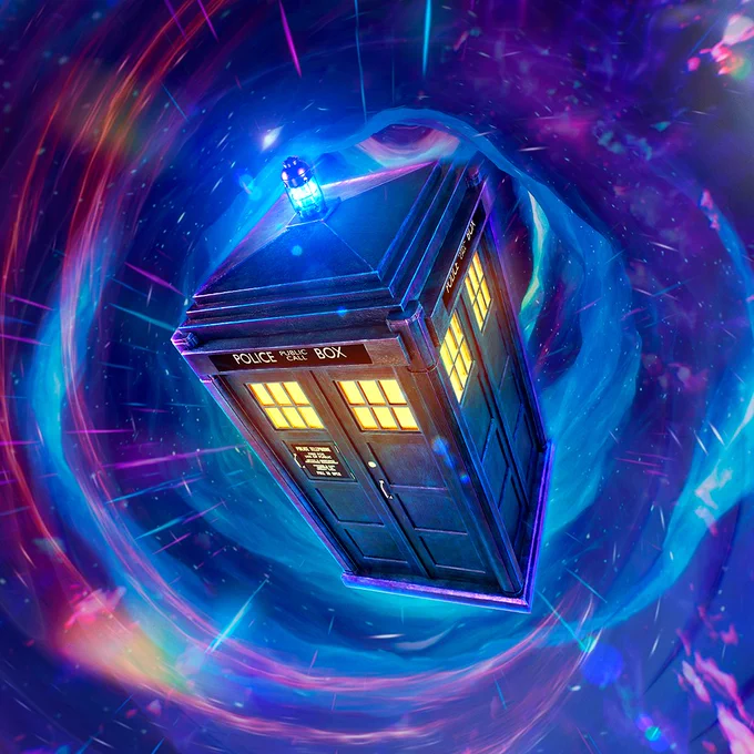 A blue police box spins through space and time, its blue light flashing and bright light glowing through its windows.