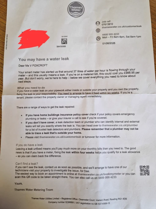 Photo of letter Vicky has received from Thames Water saying her water meter readings suggest she's got a leak.