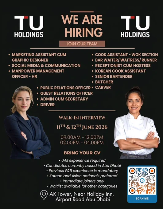 TU Holdings Careers Walk In: New Hiring in UAE Today

Read More & Apply: https://www.inituban.com/2026/04/tu-holdings-dubai-careers-opportunities.html

Find hospitality, HR and marketing vacancies through TU Holdings Careers Walk In: New Hiring in UAE. Interviews start this week.

#TUHoldings #CareerAdvancement #UAEJobs #WalkInInterviews #HiringNow #JobOpportunities #ExperiencedCandidates #UAEEmployment #CareerGrowth #JoinOurTeam