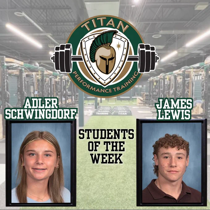 Two students, Adler Schwingdorf and James Lewis, are featured in a gym with the text "Students of the Week".