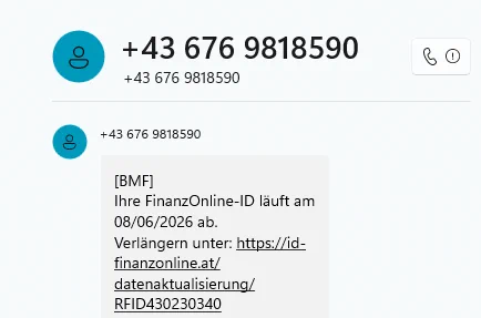 Screenshot von einer Phishing-SMS und Webseite - Details auf https://www.pcsfueralle.at/aktuelles/achtung-fake-sms-betrueger-imitieren-das-oesterreichische-finanzamt-360 Verein PCs für alle
