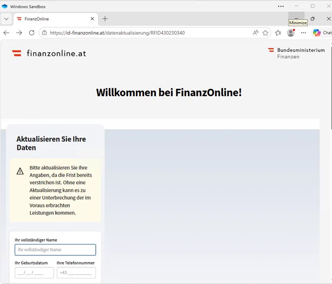 Screenshot von einer Phishing-SMS und Webseite - Details auf https://www.pcsfueralle.at/aktuelles/achtung-fake-sms-betrueger-imitieren-das-oesterreichische-finanzamt-360 Verein PCs für alle