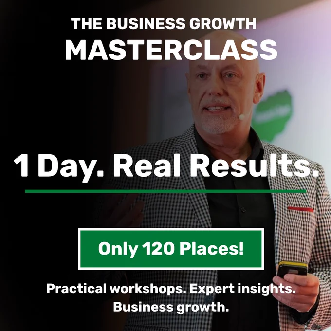Promotional image for a business growth masterclass featuring a speaker with text about the event's benefits.