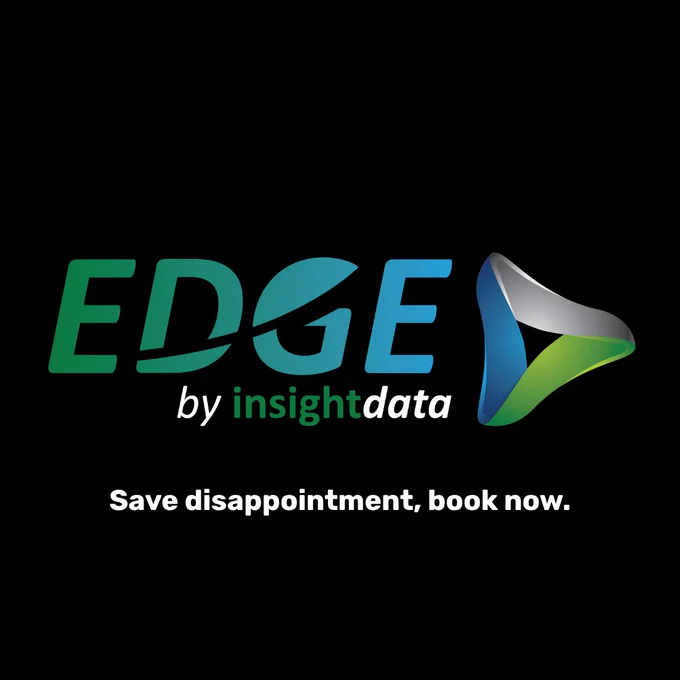 A promotional image featuring the EDGE by InsightData logo with a call to action 'Save disappointment, book now.' The mood is professional and direct.
