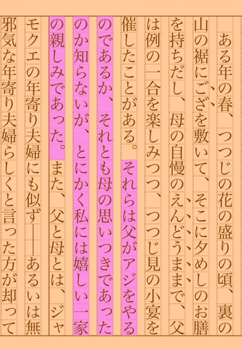 それらは父がアジをやるのであるか、それとも母の思いつきであったのか知らないが、とにかく私には嬉しい一家の親しみであった。
