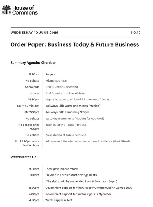 House of Commons Order Paper Wednesday 10 June 2026, link in post for full Order Paper.