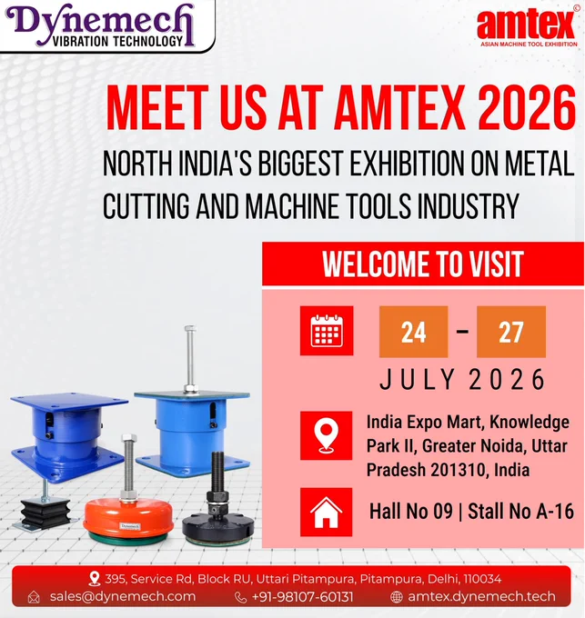 Dynemech AMTEX Expo 2026 invitation banner displaying exhibition dates (24–27 July 2026), Hall 09, Stall A-16, India Expo Center Greater Noida, with vibration isolation products and company details.