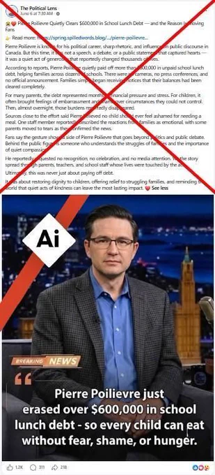 Screenshot of a Facebook post with a red x to indicate the claim is false and an AI symbol added by AFP