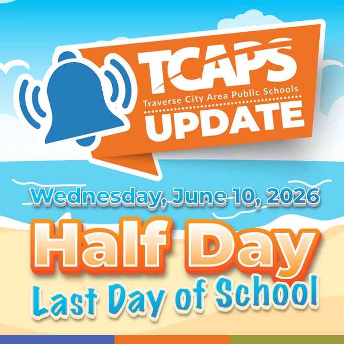 A colorful advertisement announces a TCAPS Update for June 10, 2026. It reads: "Half Day, Last Day of School."