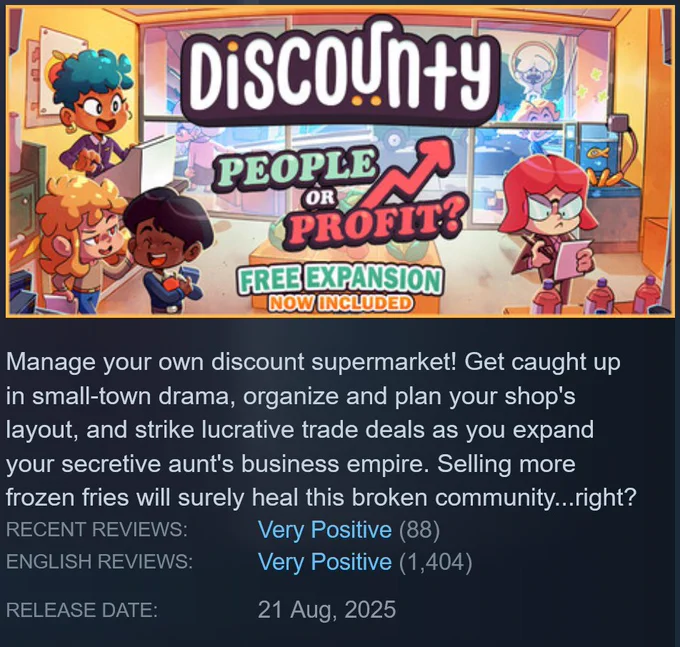 Discounty steam page screenshot, showing the recent reviews as "Very Positive".