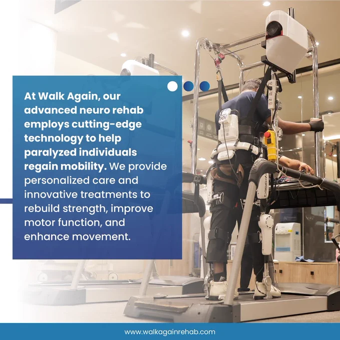 Patient undergoing robotic gait training with advanced exoskeleton technology at Walk Again Rehab for paralysis and spinal cord injury rehabilitation.