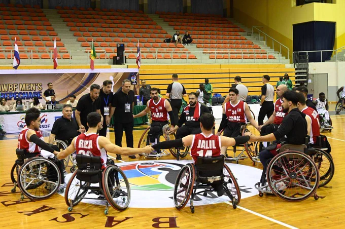Team Iran’s celebration huddle at 2026 IWBF Men’s Repechage in Suphanburi, Thailand.
