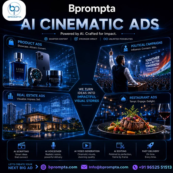 Your Brand Deserves More Than Ordinary Ads
Description

🔥 Still using ordinary ads in a world driven by AI?

At Bprompta, we create stunning AI Cinematic Ads that transform products, real estate projects, political campaigns, and restaurants into unforgettable visual experiences.

✨ Product Ads that sell
🏢 Real Estate Ads that impress
🗳️ Political Campaign Videos that inspire
🍽️ Restaurant Ads that attract customers

Our AI-powered production combines:
✅ Cinematic Visuals
✅ Professional Voiceovers
✅ Creative Storytelling
✅ Fast Delivery
✅ Premium Quality

Don't just advertise. Create an experience people remember.

📩 DM us today and let's turn your next campaign into something extraordinary.

#AICinematicAds #Bprompta #AIAdvertising #VideoMarketing #DigitalMarketing #AIVideoGeneration