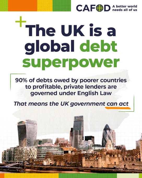 A graphic with an photo of tall buildings in the City of London.

"The UK is a global debt superpower.

90% of debts owed by poorer countries to profitable, private lenders are governed under English Law.

That means the UK government can act." 