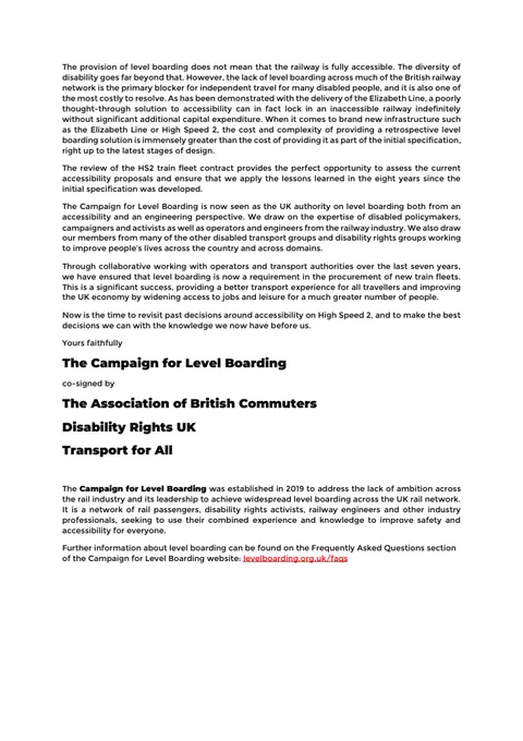 Screenshot of Page 2 of letter available at https://www.dropbox.com/scl/fi/w4f5uir7qq8nu0b1p64rc/20260610_CampaignForLevelBoarding_LetterRegardingHS2Fleet.pdf?rlkey=mc907hmsrml9zeaz5bz362tim&dl=1