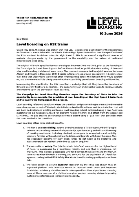 Screenshot of Page 1 of letter available at https://www.dropbox.com/scl/fi/w4f5uir7qq8nu0b1p64rc/20260610_CampaignForLevelBoarding_LetterRegardingHS2Fleet.pdf?rlkey=mc907hmsrml9zeaz5bz362tim&dl=1