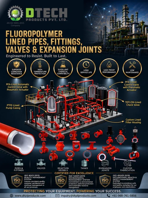 DTech Products Pvt. Ltd. offers high-performance Fluoropolymer-Lined Pipes, Fittings, Valves, Tanks, Reaction Vessels & Expansion Joints engineered for demanding chemical processes.

📧 inquiry@dtplproducts.com
🌐 www.dtplproducts.com

#DTechProducts #ChemicalIndustry #PTFE #PFA #CorrosionProtection #ProcessEngineering #IndustrialSolutions #ChemicalIndonesia2026