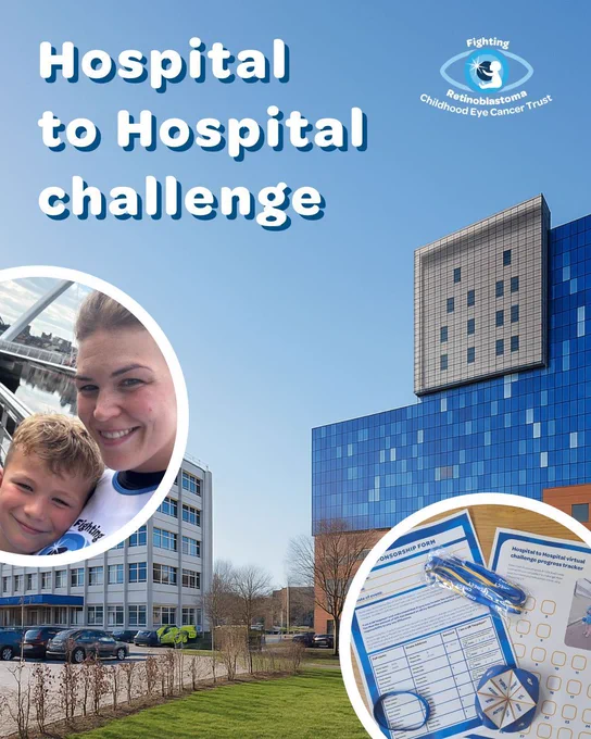 A background image of Birmingham hospital and Royal London Hospital, with Hospital to Hospital challenge written at the top and the CHECT logo. Two images in circle frames show the H2H sign up pack and a picture of a woman and a child during the H2H last year.