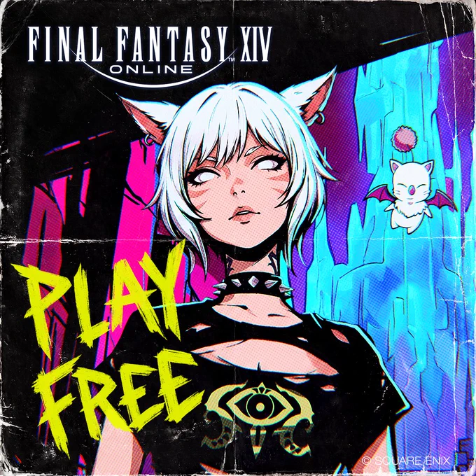 A Final Fantasy 14 illustration of Y'shtola in a ripped black T-shirt. A moogle is floating next to her, with the Crystal Tower in the background. Text reads Play Free.