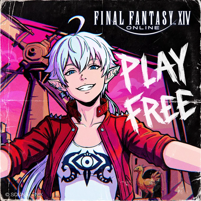 A Final Fantasy 14 illustration of Alisaie wearing a white shirt and red jacket. Behind her in the background is a windmill and a chocobo. Text reads Play Free.