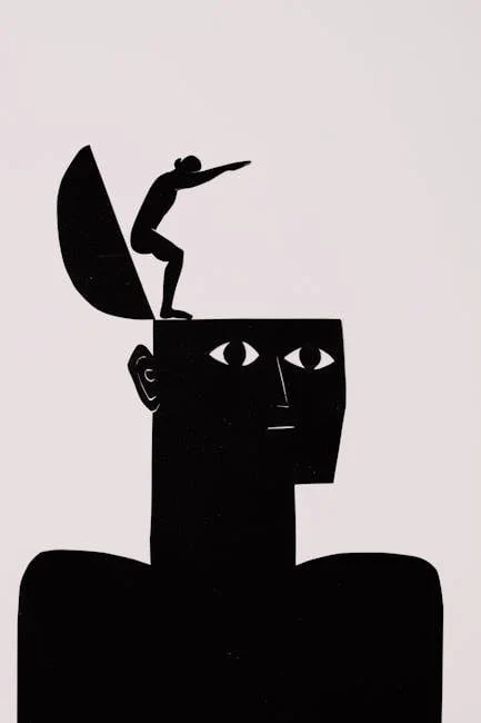 Abstract art depicting a silhouette diver leaping from an open head, symbolizing imagination.