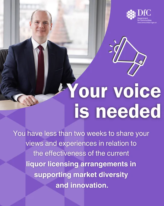 Purple DfC graphic with an image of Minister Lyons in his office, a white DfC logo, a white megaphone graphic and white text that reads, “Your voice is needed. You have less than two weeks to share your views and experiences in relation to the effectiveness of the current liquor licensing arrangements in supporting market diversity and innovation.”