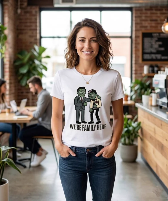A dark humor vector illustration of a happy zombie boss holding a deeply depressed zombie office worker in an uncomfortable shoulder hug, with the sarcastic text "WE'RE FAMILY HERE" arched below them.