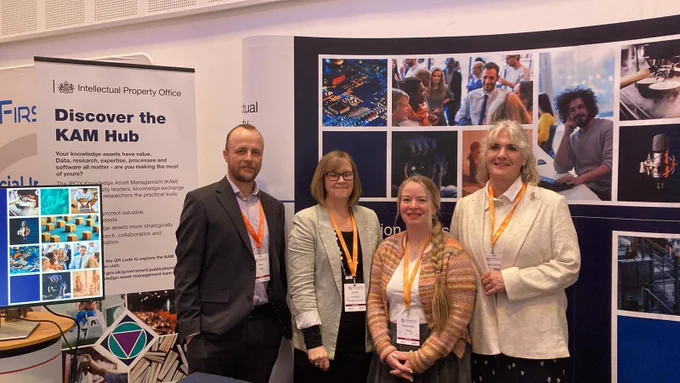 From left to right: Mark Wild, Jenny Vaughan, Stephanie Hunt and Sam Gallagher,  at our Intellectual Property Office stand 2 promoting the KAM Hub at a networking event.