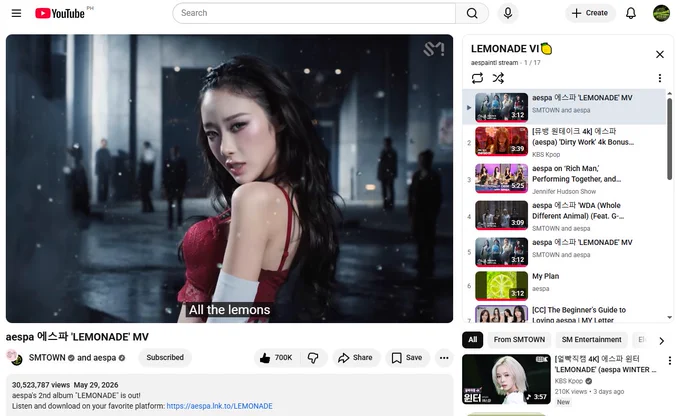aespa Lemonade MV at 30.5M views; streaming Lemonade MV using aespaintlstream's PL