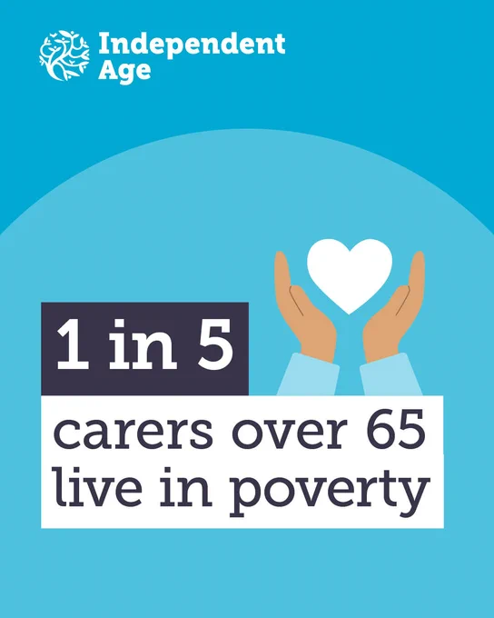 A pair of hands hold a white heart. Text reads: 1 in 5 carers over 65 live in poverty.