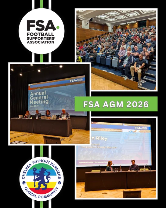 FSA AGM 2026. Three images from the event. One of the auditorium, the other two of the stage and screen. The FSA and Chelsea Without Barriers badges feature.