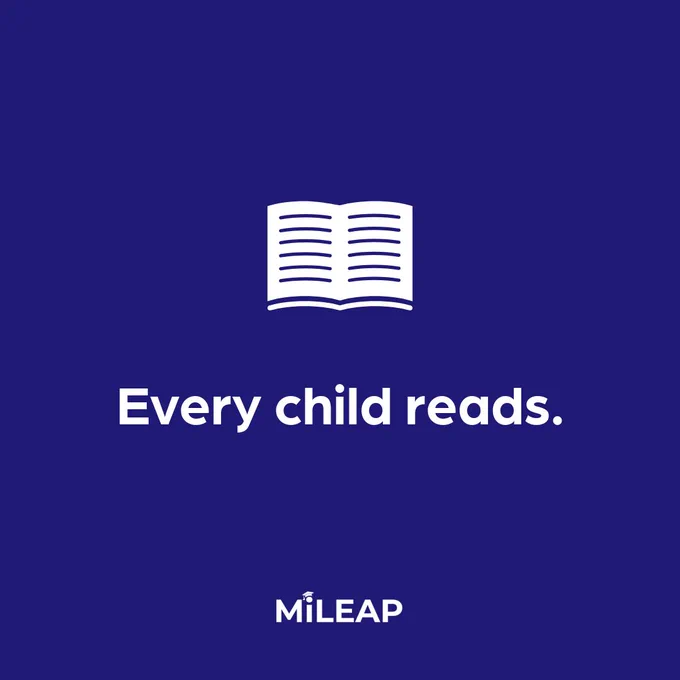 Image of an open book icon with the text "Every child reads." The word "MILEAP" is displayed at the bottom. The background is dark blue.
