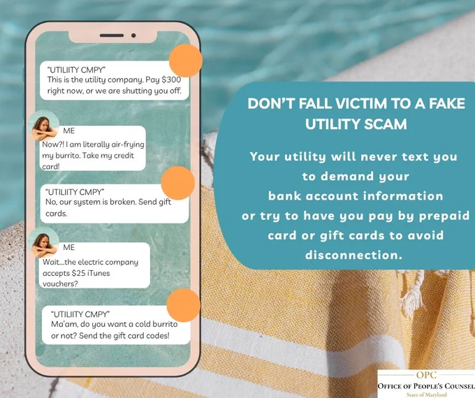Text conversation where a scammer pretending to be the utility company is threatening disconnection unless the person send money right now.