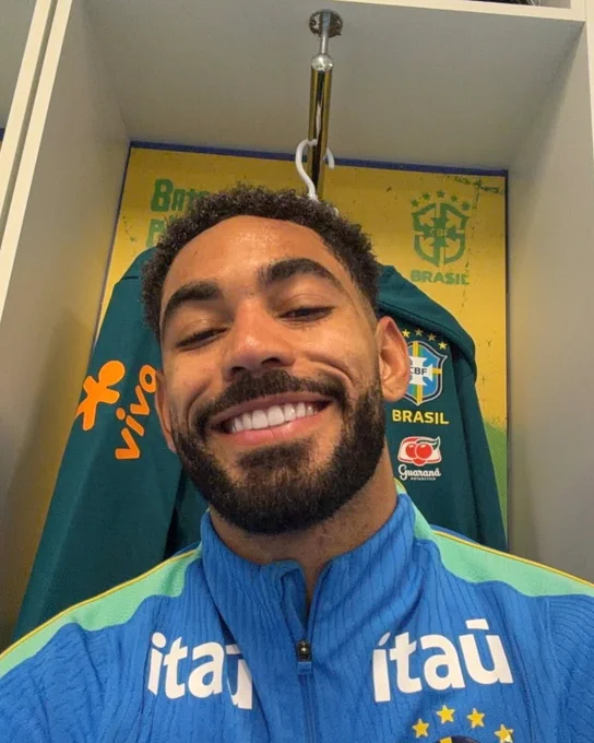 Matheus Cunha takes a selfie in the Brazil dressing room.