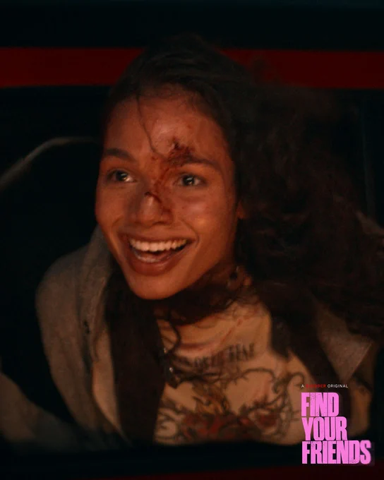 A person with a head injury looks exhilarated, staring outside with a big smile. The image has 'Find Your Friends' text overlay at the bottom.