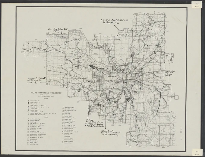 A black and white map showcasing the administered areas of the Pulaski County Special School districts extend even outside of the county.