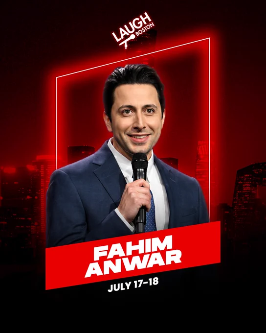 Promotional poster featuring a comedian holding a microphone for an upcoming show at Laugh Boston on July 17-18. The design is bold and visually striking with a red theme.