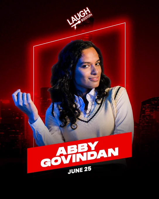 A promotional image for a comedy show featuring a performer at Laugh Boston. The background is vibrant red, creating a lively and exciting atmosphere.