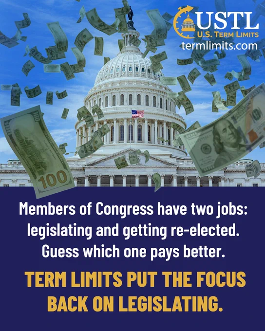 The image features the U.S. Capitol building with dollar bills floating around it. The text reads, "Members of Congress have two jobs: legislating and getting re-elected. Guess which one pays better. Term limits put the focus back on legislating." The logo of U.S. Term Limits (USTL) and the website termlimits.com are also displayed.
