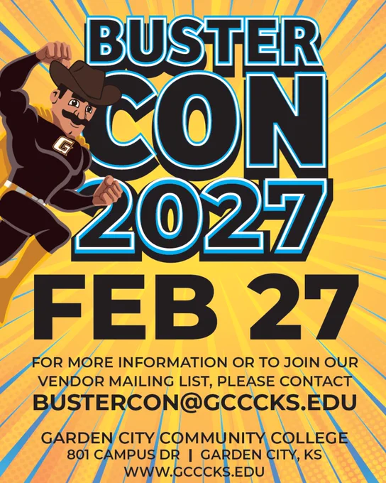 Illustration of a superhero cowboy promoting Buster Con 2027 event on February 27 at Garden City Community College in Kansas.