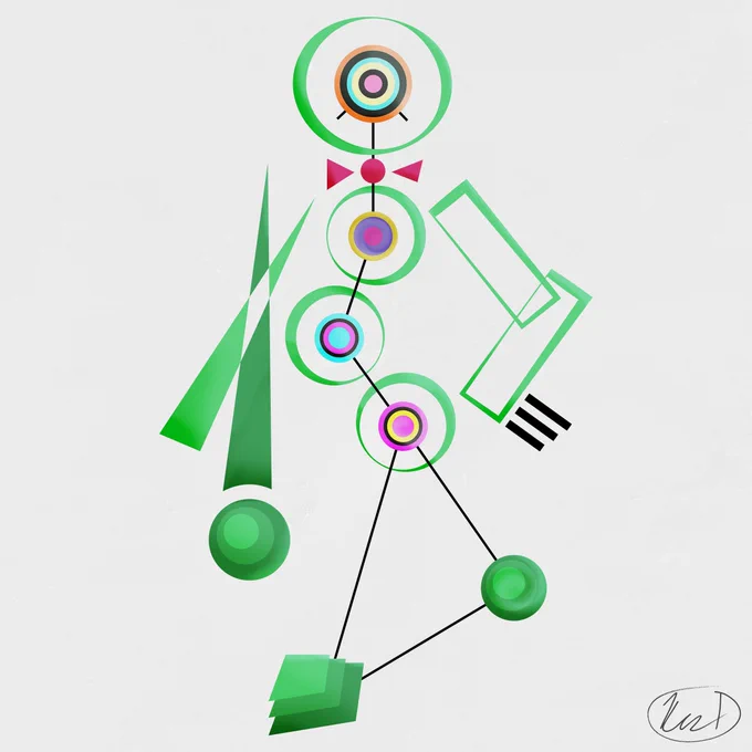 A modern Suprematist abstract digital painting of an anthropomorphic green frog with a red bow tie. Her body is deconstructed into simplified shapes, mostly circles. Some of the shapes are connected with thin black lines.
