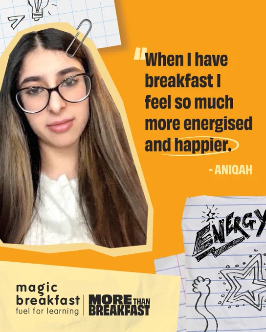A person with long hair and glasses is featured next to a quote: "When I have breakfast I feel so much more energised and happier." Above the quote is the name "Aniqah." The image includes doodles of stars and the word "Energy!" at the bottom. Logos for "magic breakfast" and "MORE than BREAKFAST" are displayed.