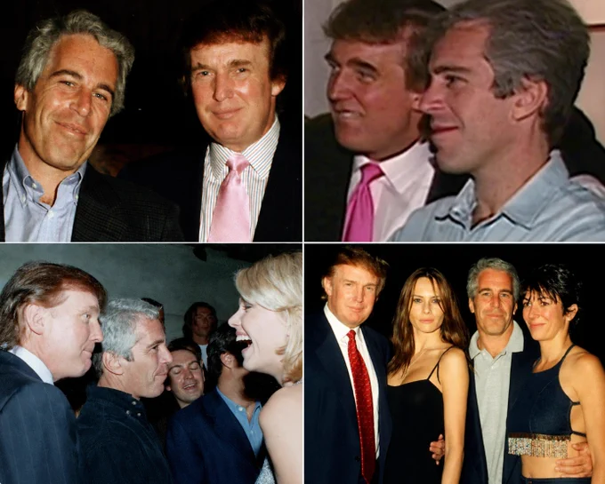 A collage shows President Trump with Jeffrey Epstein.