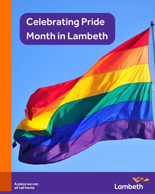 Rainbow Pride flag waving against a blue sky, with text 'Celebrating Pride Month in Lambeth'.