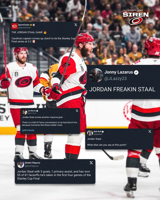 Photo of Jordan Staal with tweets from outside media about his on-ice performance 