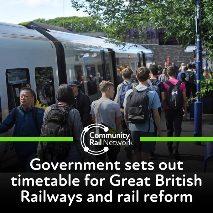 Graphic. Photo, courtesy of Paul Bigland, shows a bustling platform at Windermere Station, as people get on and off a Northern train at the platform. The white Community Rail Network logo can be seen sandwiched between two bright green lines, and the text reads: "Government sets out timetable for Great British Railways and rail reform."